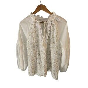 Kasia Blouse Womens Medium White Gold Embroidered Tassel Boho Peasant Top 8033